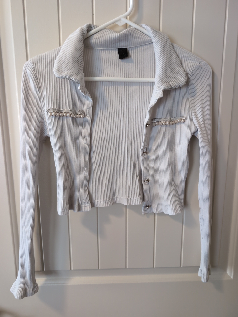 Ribbed Pearl-Trim Cardigan Sweater - White
